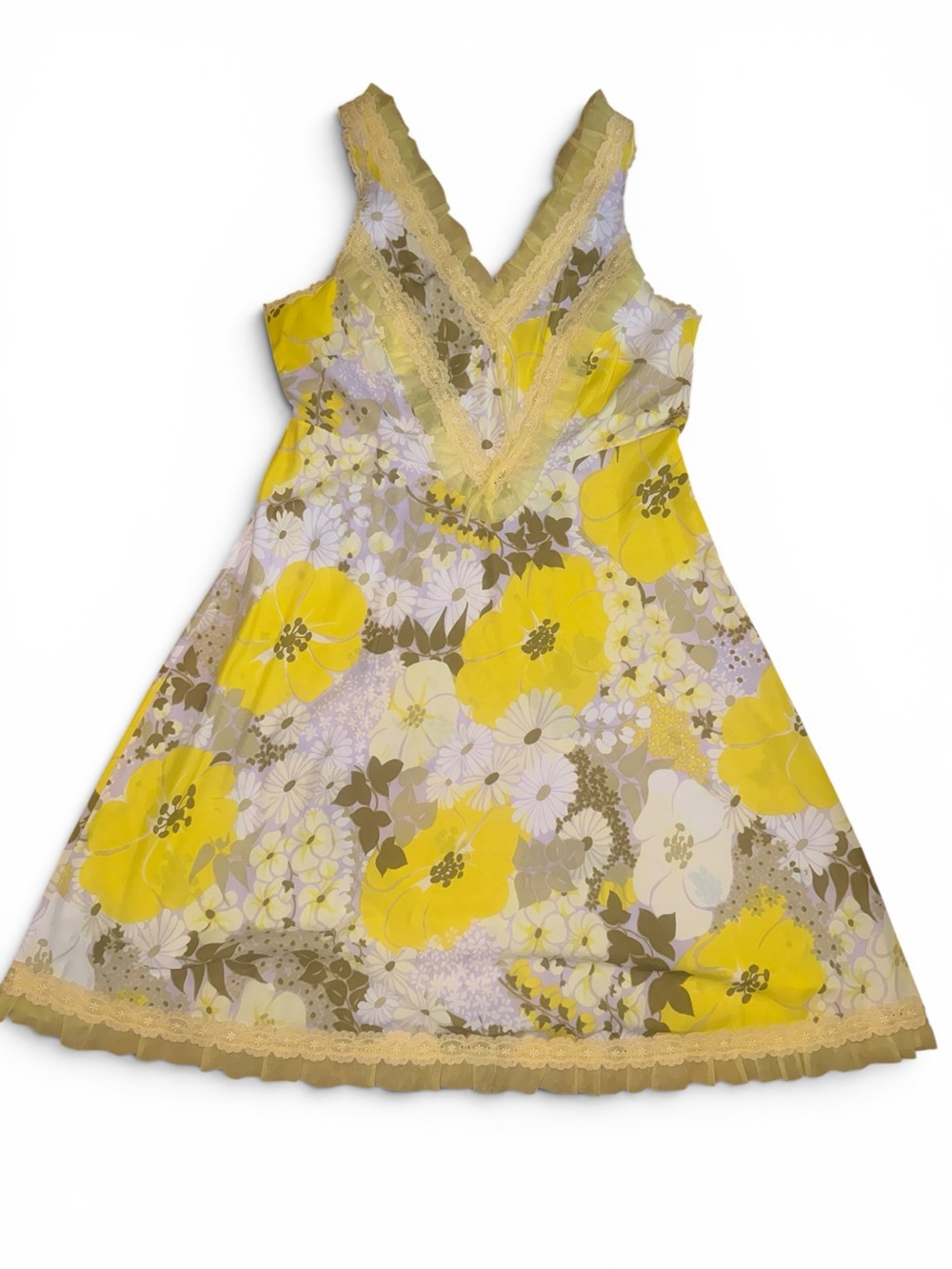 Beautiful vintage Italia Confizioni Yellow Floral Mini Dress with Lace Trim M